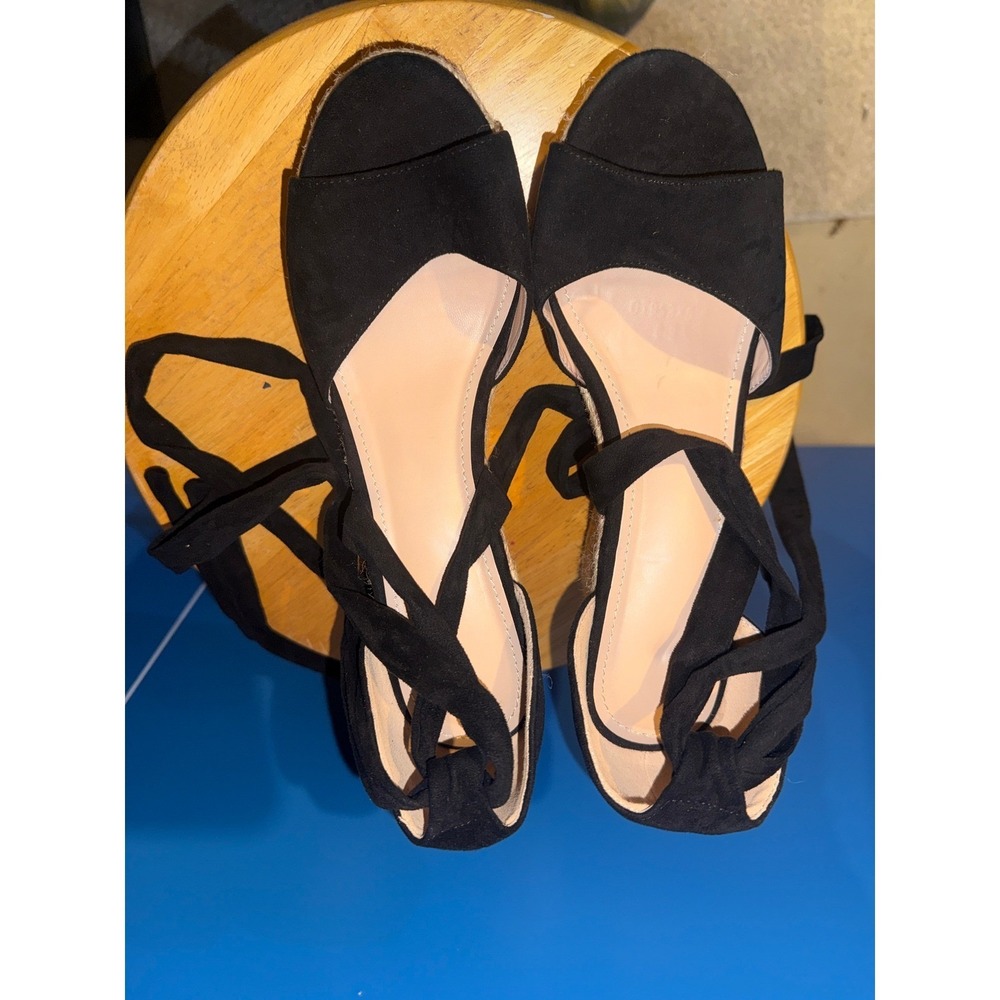 Black Faux Suede Espadrille Wedge Sandals Lace Up Ankle Tie Size 9